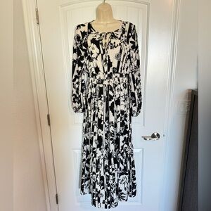 Cupshe Rusttydustty Black & White Floral Tie Long Sleeve Midi Dress Size…